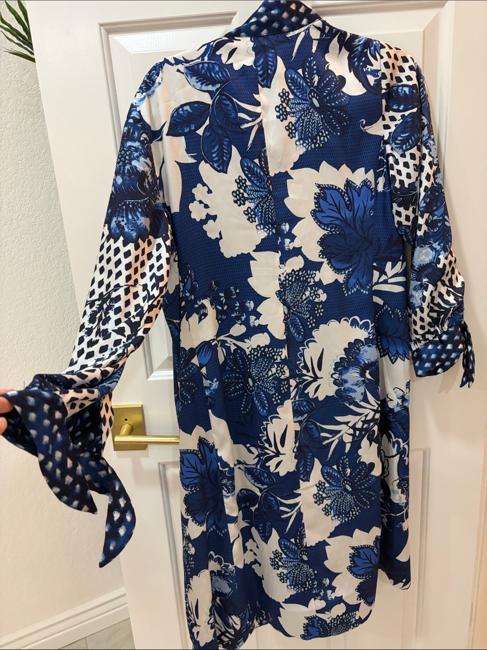 Chico's Navy and White Floral Tie-Sleeve Long Sleeve Dress